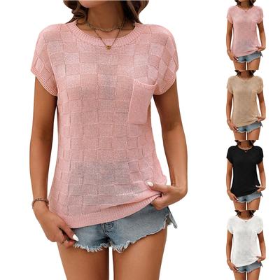 Women's Round Neck Plaid Pocket Embellished Top Short Sleeve Sweater