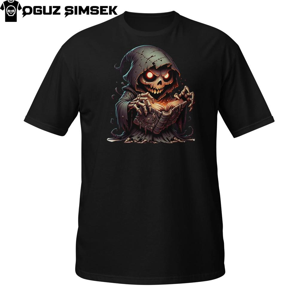 

Hellfire Reaper T-Shirt | Burning Skull Hooded Skeleton | Dark Grimoire Tee S