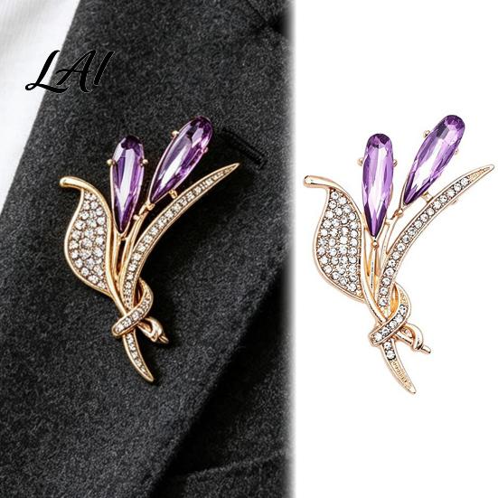 Women Branch Pin Ear of Wheat Brooch with Rhinestone Faux Purple Crystal Vintage Badge Lapel Pin Dainty Jewelry for Coats Sweaters Scarves