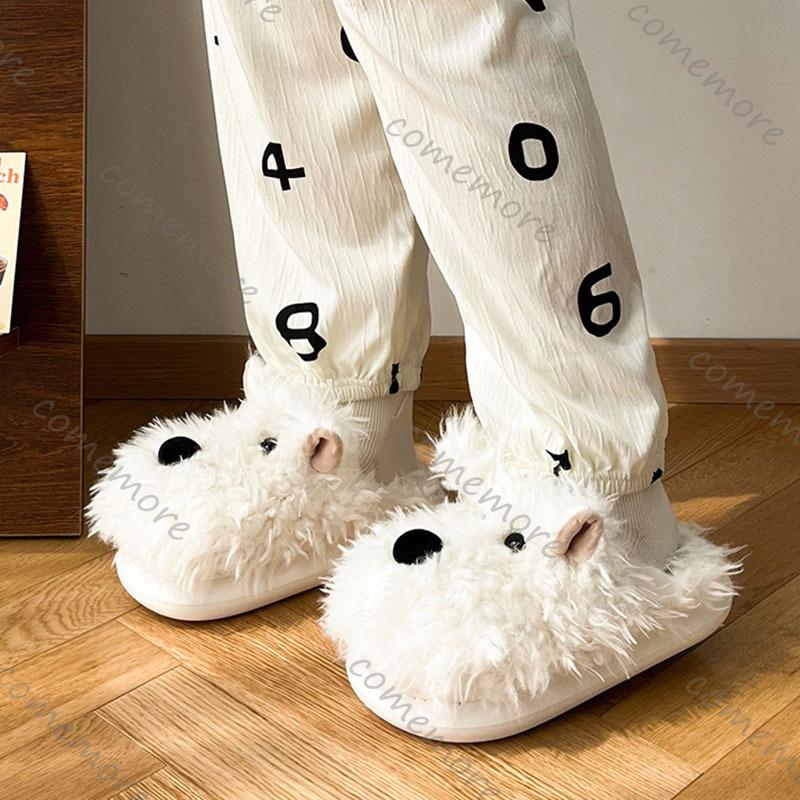 Comemore Women Cute Puppy Cotton Slippers 2025 Winter Soft Indoor Warm Slippers Woman Plush Soft Soled Flat Home Cotton Slippers