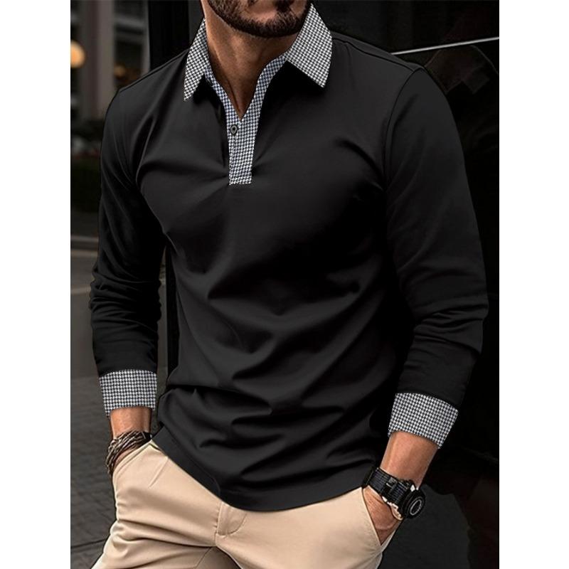New Men's Long-Sleeved Polo Shirt Spring/Autumn Contrast-Colour Printed Casual Sweatshirt