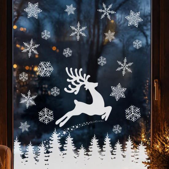 Christmas Window Clings White Elk Clings, Snowy Xmas Tree Windows Stickers, Shop Display Winter Forest Trees Decorations for Party Home Office