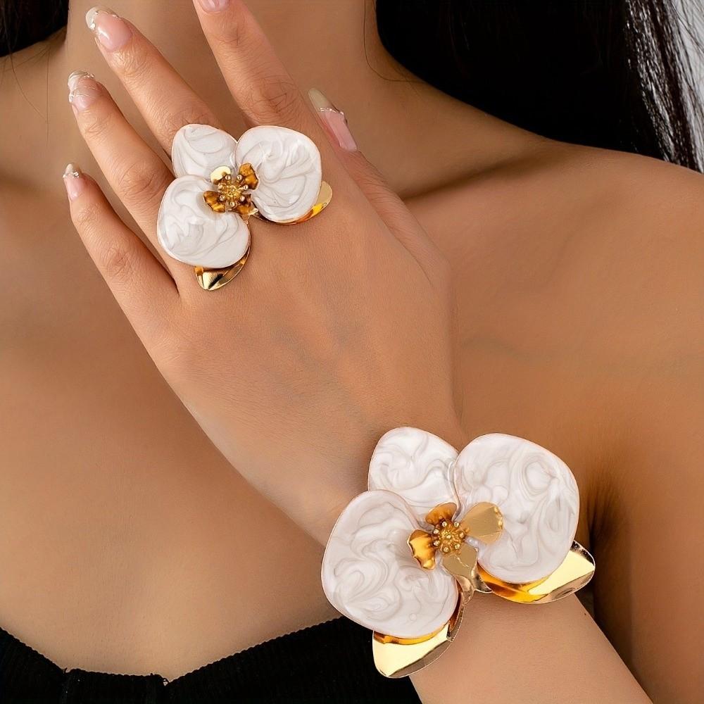 Metal Flower Bracelet Bohemian Open Floral Arm Cuff Elegant Flower Bracelet Ring Set  Festive