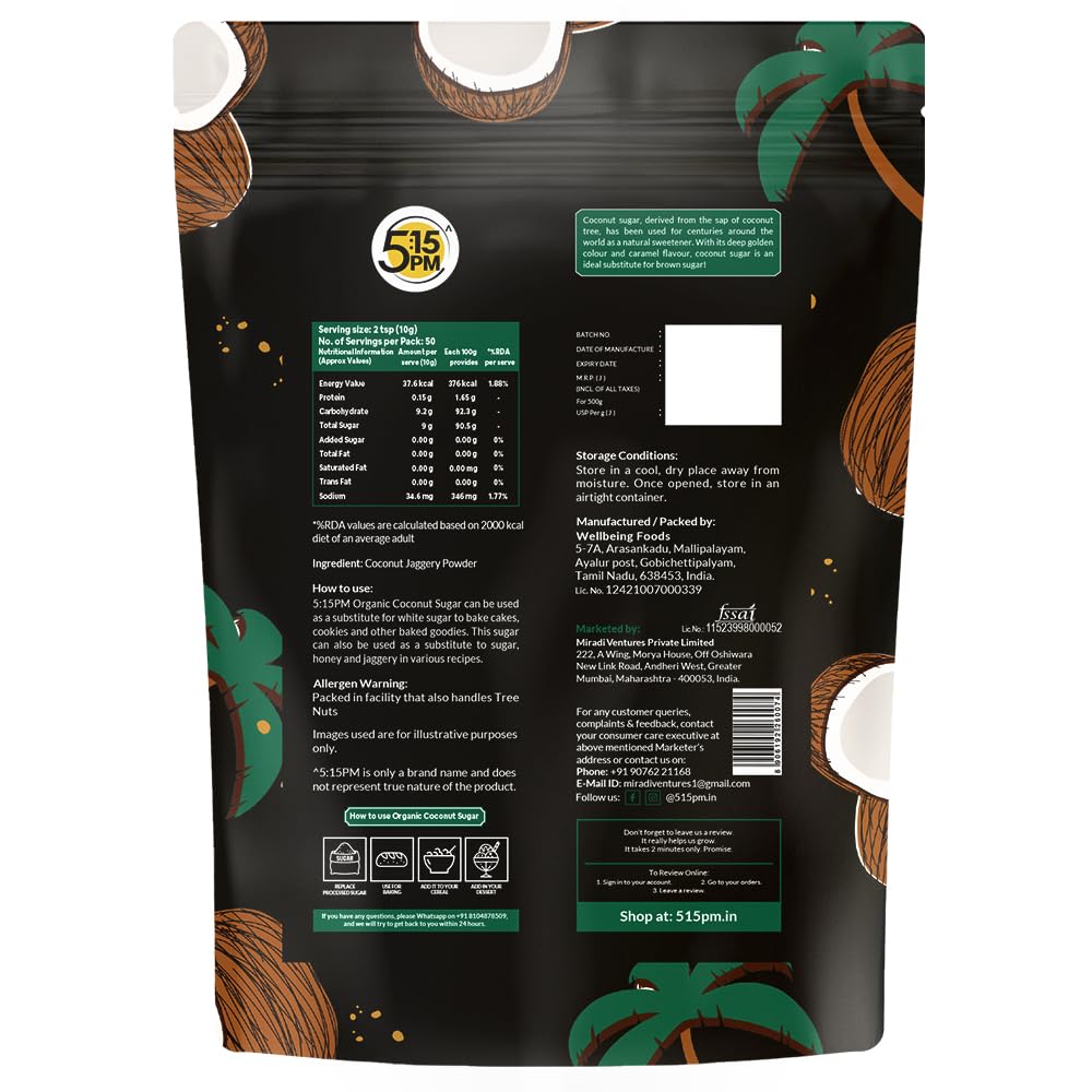 5:15PM Organic Coconut Sugar 500 G Unrefined Natural Sweetener For Baking Cooking Drinks Organic Natural Palm Sugar