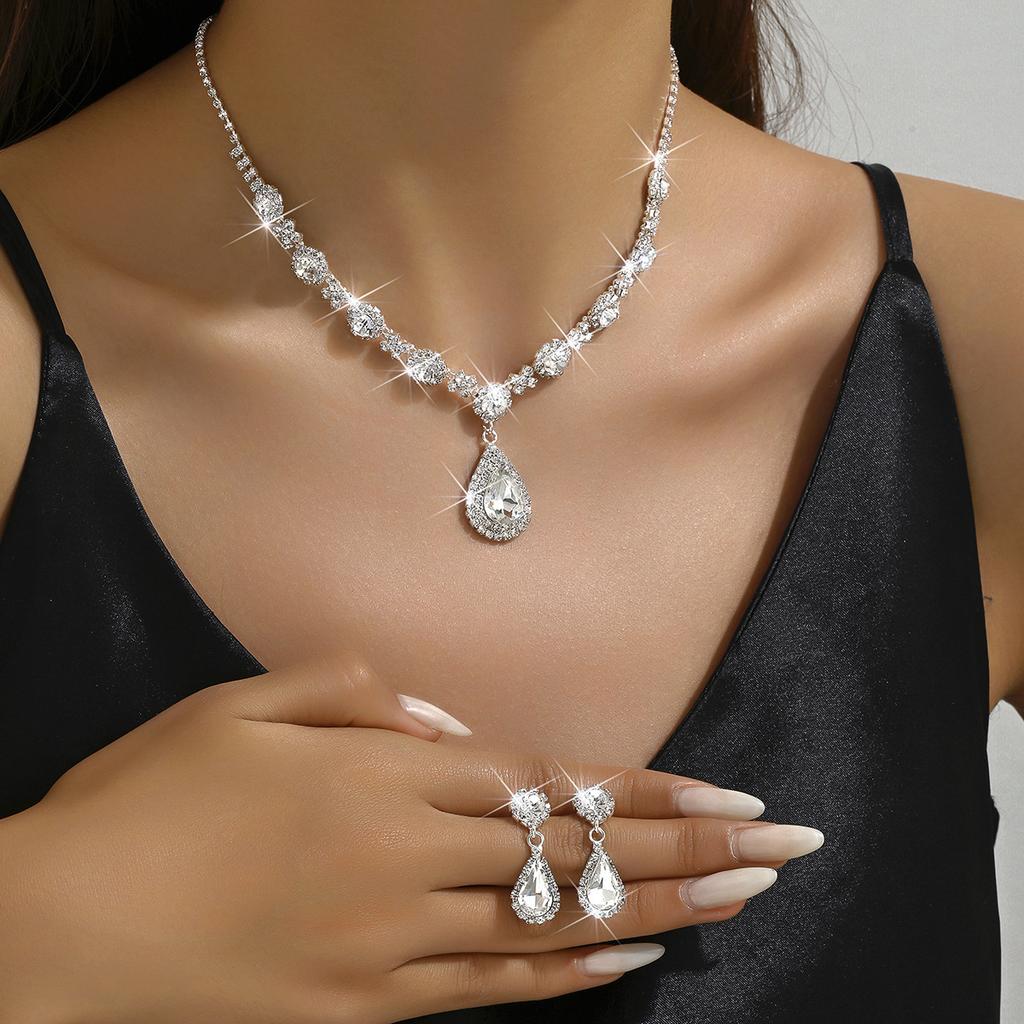 Fashion Women's Crystal Droplet Necklace With Earrings Set For Wedding Evening Dress Jewelry Gift Accessories