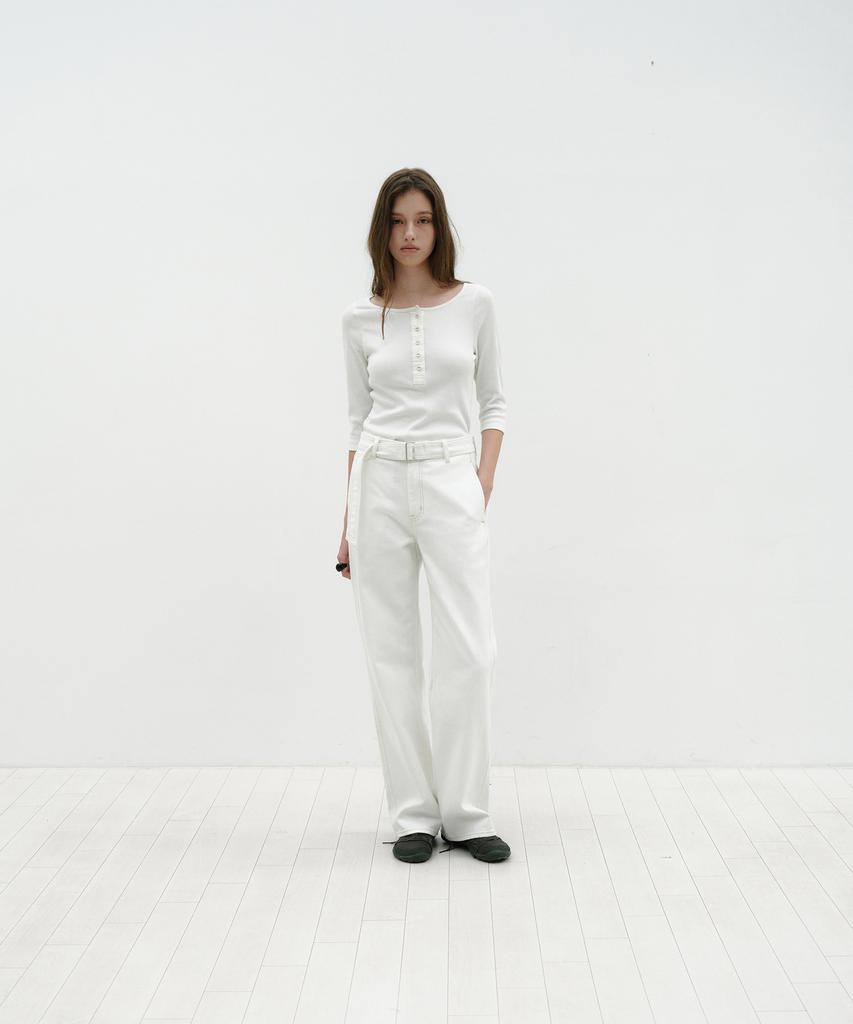 Loutaideu Stitched Belt Cotton Pants [White]