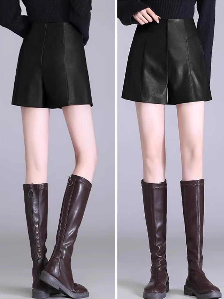 

Шорты А-силуэта из искусственной кожи с высокой посадкой - Весна/Лето 2023, Корейский стиль, Приталенный и универсальный дизайн с широкими штанинами XXL чёрный