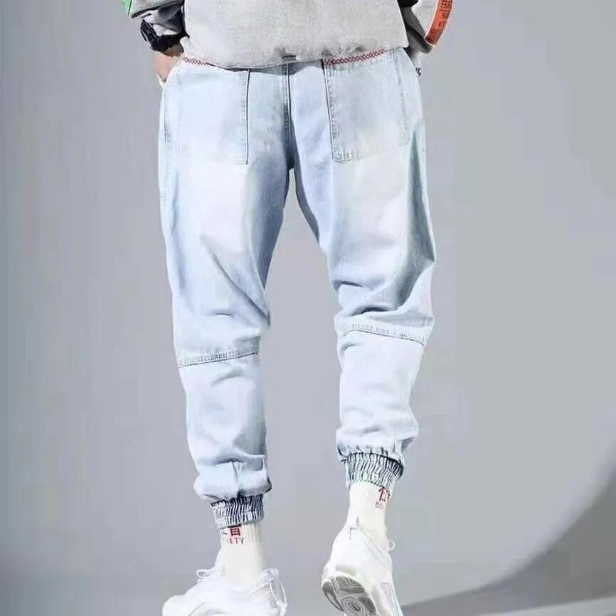 Men's Plus Size Trousers Korean Version of Workwear Jeans Trendy Light Hip-hop Style Loose Youth Harlan Lace-up Trousers