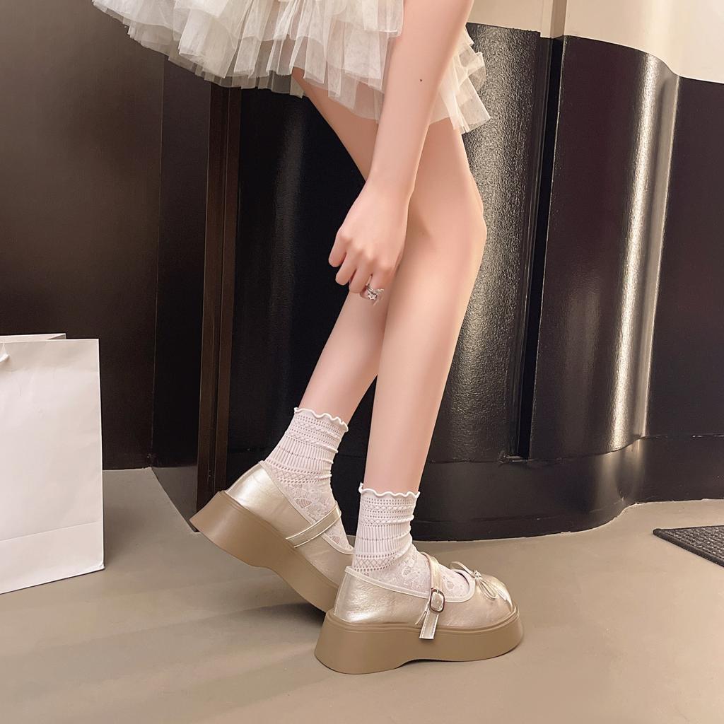 Bow women Mary Jane single shoes spring and summer new sweet buckle high-end leather shoes heightened and thin women's shoes