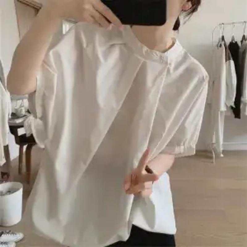 Japansk Oregelbunden Veckad Lös Ståkrage Kortärmad Skjorta Dam Sommar Ren Bomull Topp