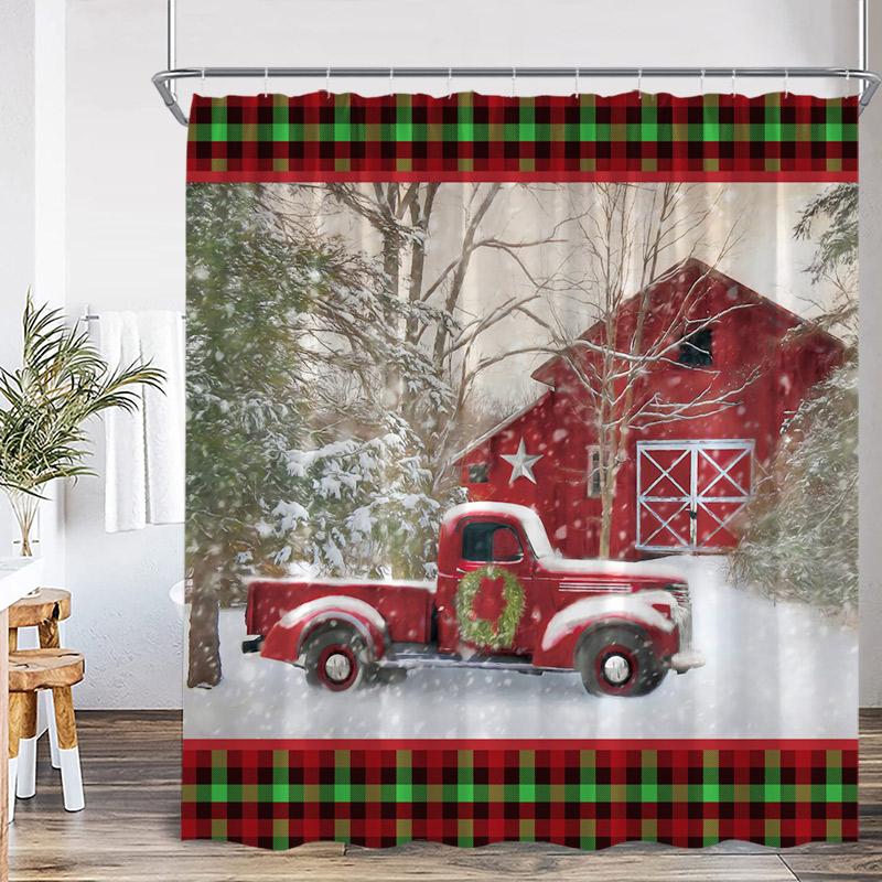 Jultomten Jul Duschdraperi Vinterhus Julgran Gåva Katt Öppen spis Badrumsgardin Tyg Hem Badrumsinredning med Krokar