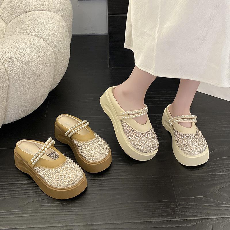 Thick-bottomed mesh breathable Mary Jane cool slippers women's 2025 summer pearl baotou half slippers