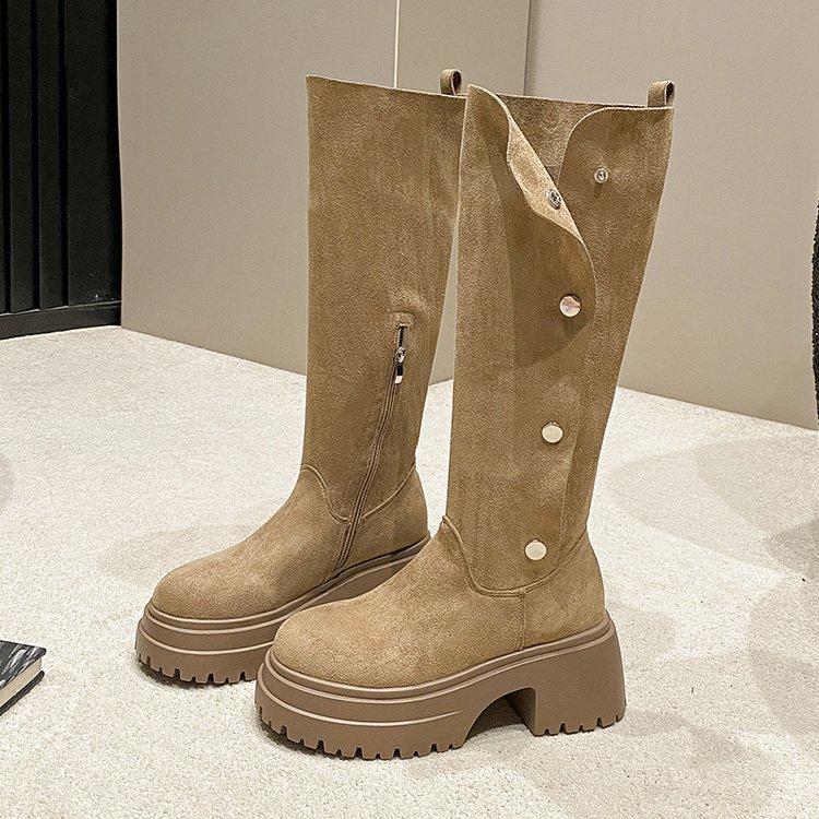 

Гигантская красота~ толстоподошвенные сапоги-чулки с двумя вариантами носки, маленькая внутренняя танкетка, сапоги-рыцари средней длины, ковбойские сапоги Maillard с ворсом, женские 41 абрикосовый