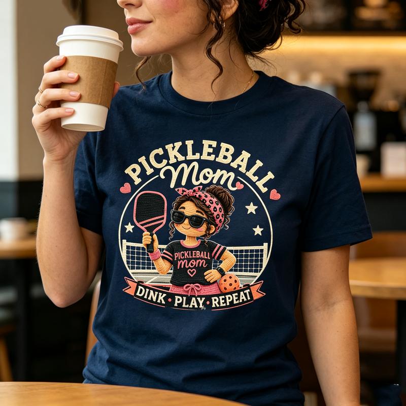 Pickleball Mom TShirt Funny Cute Mom Graphic Tee Dink Play Repeat Casual Sports Cotton Short Sleeve Top for Unisex Y2k
