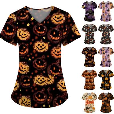 Damen Halloween Bedruckt Locker V-Ausschnitt Tasche Kurzarm Uniform  Uniform
