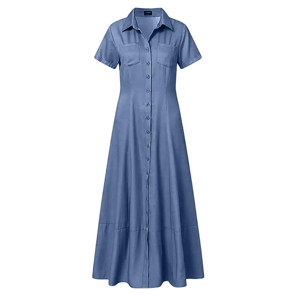 Women's Loose Long Dress Shirt Collar Pocket Large Swing Skirt Casual Denim Dress