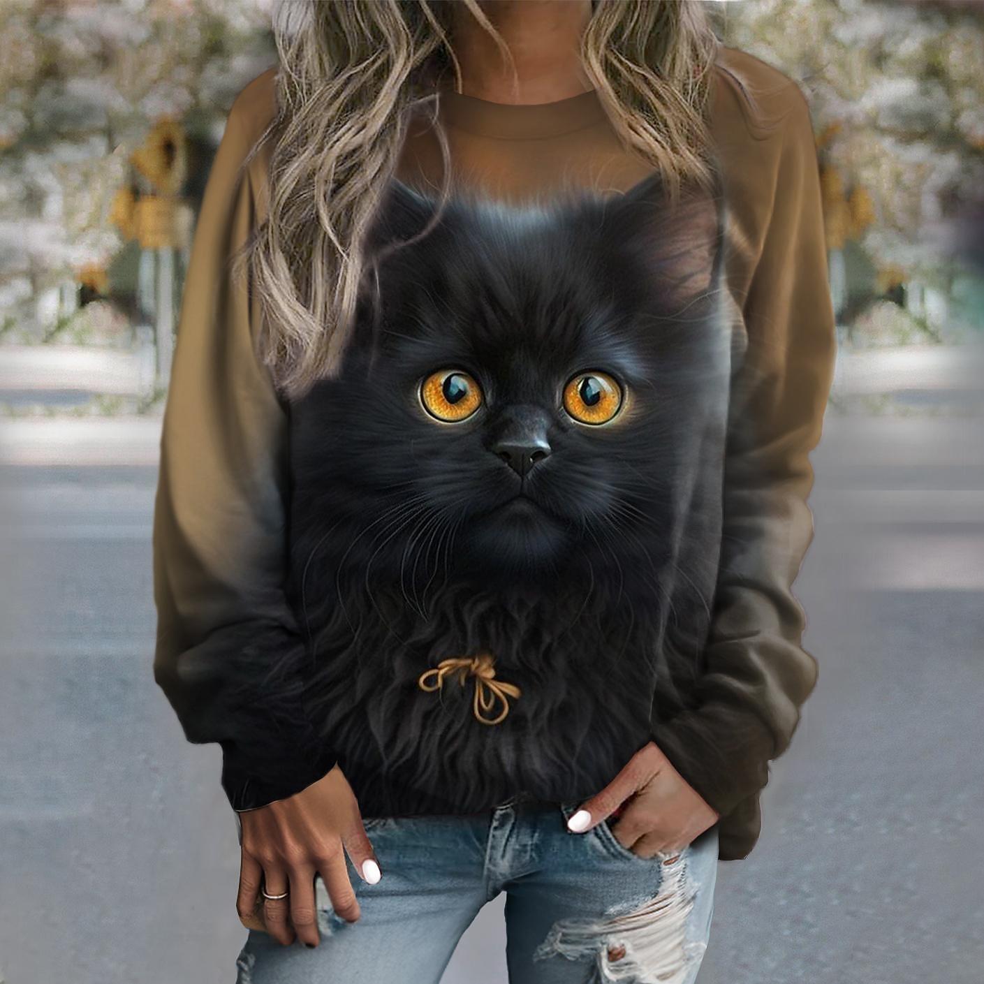 Женские толстовки с капюшоном из хлопка, пуловеры, топы, модные толстовки с длинным рукавом и принтом котенка, милые повседневные толстовки с круглым вырезом для девочек, женская одежда 4XL