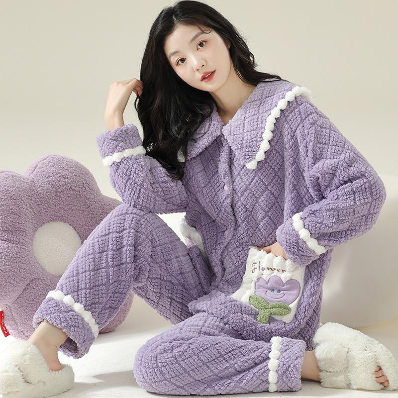 Can Be Worn Outside Coral Velvet Pajamas Women's Winter Two-piece Set Thickened Fleece Flannel Loose Large Size Warm Loungewear