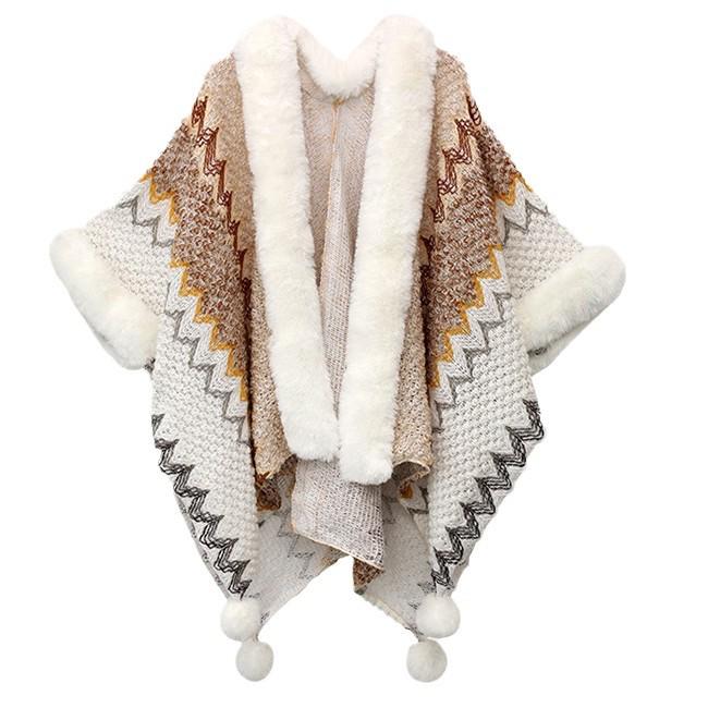 Ethnic Style Faux Fur Shawl Poncho with Sleeves - Women's Thickened Yunnan Travel Scarf
