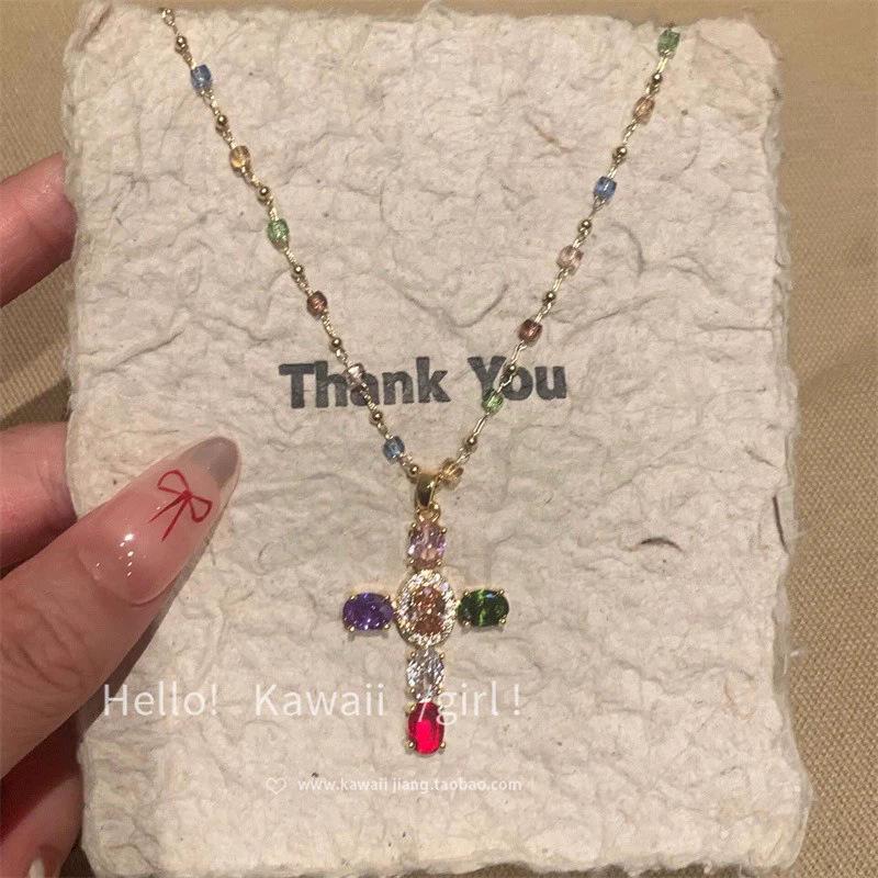 Micro-inlaid zircon cross pendant necklace women s light luxury collarbone chain accessories