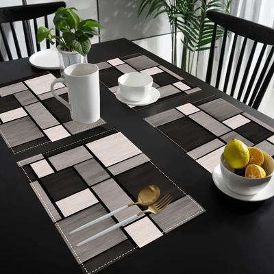 Leinen-Platzsets, 4er-Pack, 12x18 Zoll Schwarz Grau Geometrisches Karomuster, Maschinenwaschbar Gewebt für Esszimmer, Küche, Feiertagsparty und Café-Dekoration