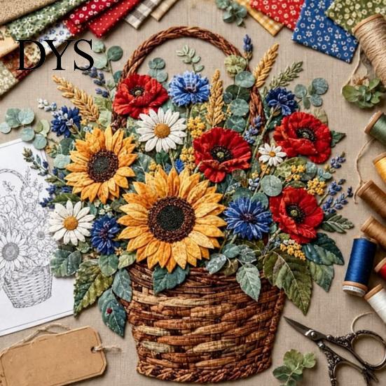 Gør-det-selv Stofhåndværksaktiviteter Blomsterkurv Patchwork Sæt, Lagdelte Blomster Håndarbejde Håndlavede Kunstmaterialer 3D Blomster Syprojekt til Voksne, Gaveidé