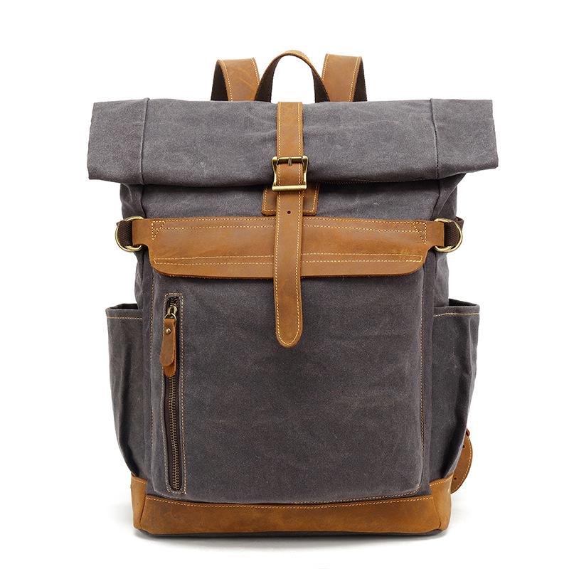 Men's Crazy Horse Leather Travel Backpack and Shoulder Bag with Waxed Canvas Laptop Compartment