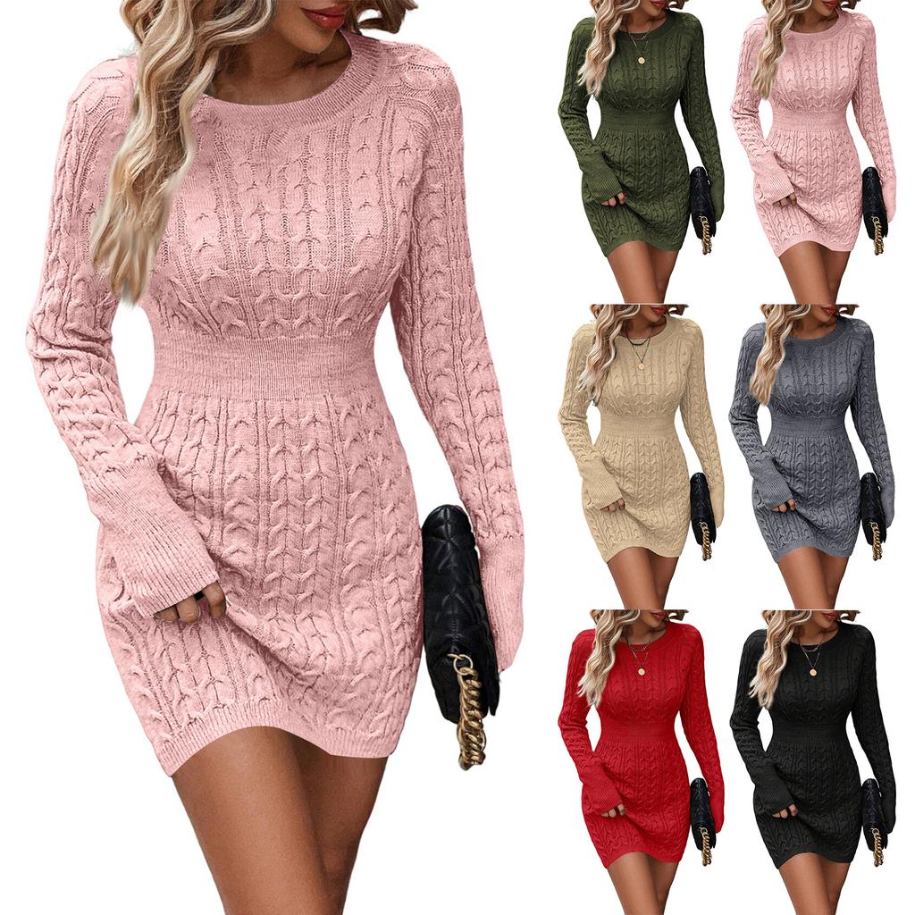 Women's Fashion Round Neck Solid Color Long-sleeved Knitted Sweater Slim Fitted Hip Dress