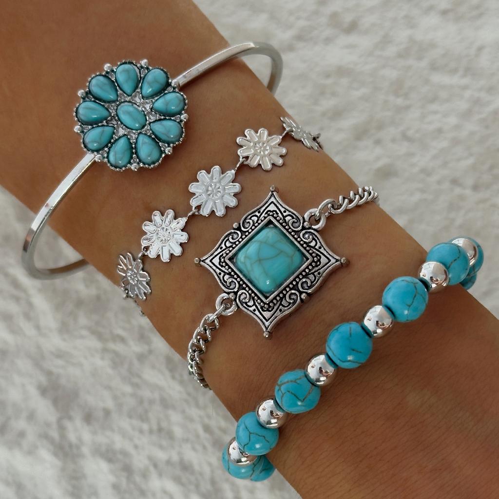 Bohemian Turquoise Leaf Bracelet, Ethnic Bow Flower Turquoise Bracelet Set