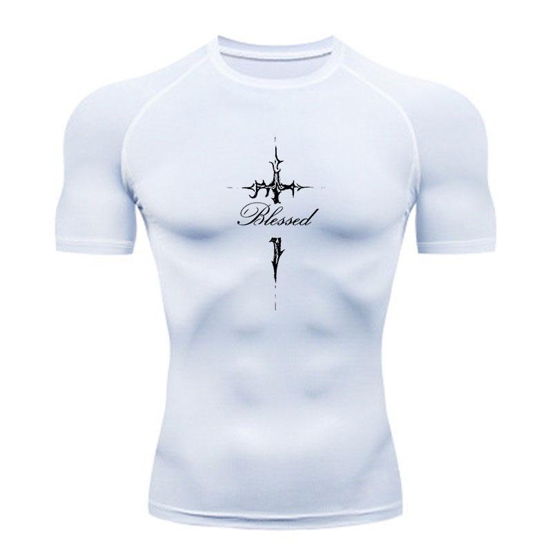 Men's Compression Workout T-Shirt, Gothic Cross Blessed Prin