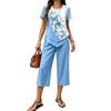Women's Casual 2 Piece Sets Short Sleeve Crew Neck Top And Cropped Pants Sets Summer Floral Lounge Outfits
