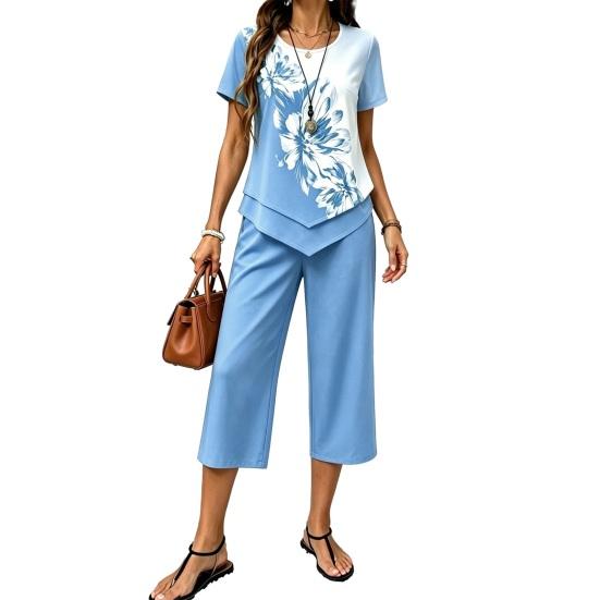 

Women s Casual 2 Piece Sets Short Sleeve Crew Neck Top And Cropped Pants Sets Summer Floral Lounge Outfits M синий