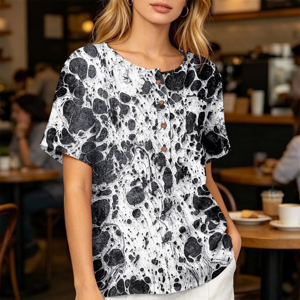 Women’s Printed Short Sleeve Henley Neck Shirt with Front Pocket Cotton Linen Material Relaxed Fit Casual Top