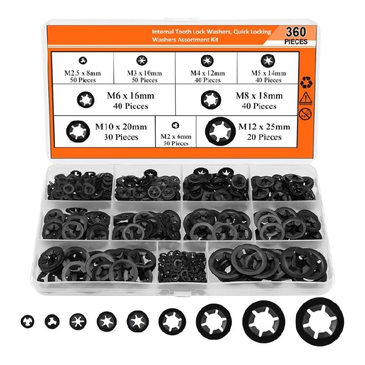 

360Pcs 9 Sizes Internal Tooth Star Lock Washers Push On Locking Washers Speed Clips Fastener Quick Speed Locking Washers 1