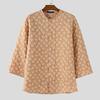 INCERUN Oversized Men Collarless 3/4 Sleeve Flowers Texture Casual Tunic Tops Shirts