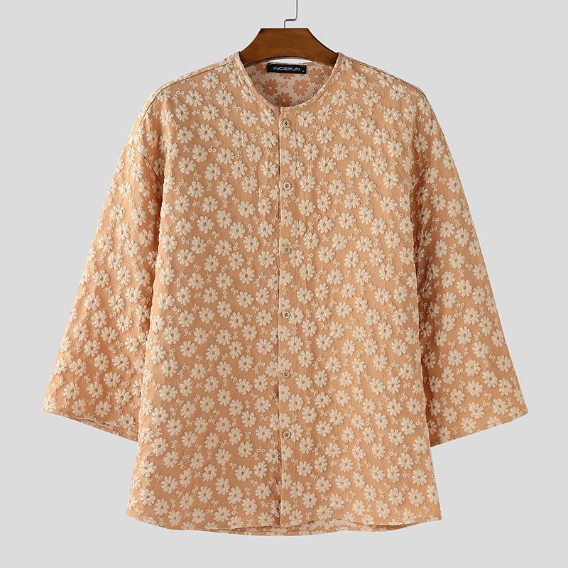 INCERUN Oversized Men Collarless 3/4 Sleeve Flowers Texture Casual Tunic Tops Shirts