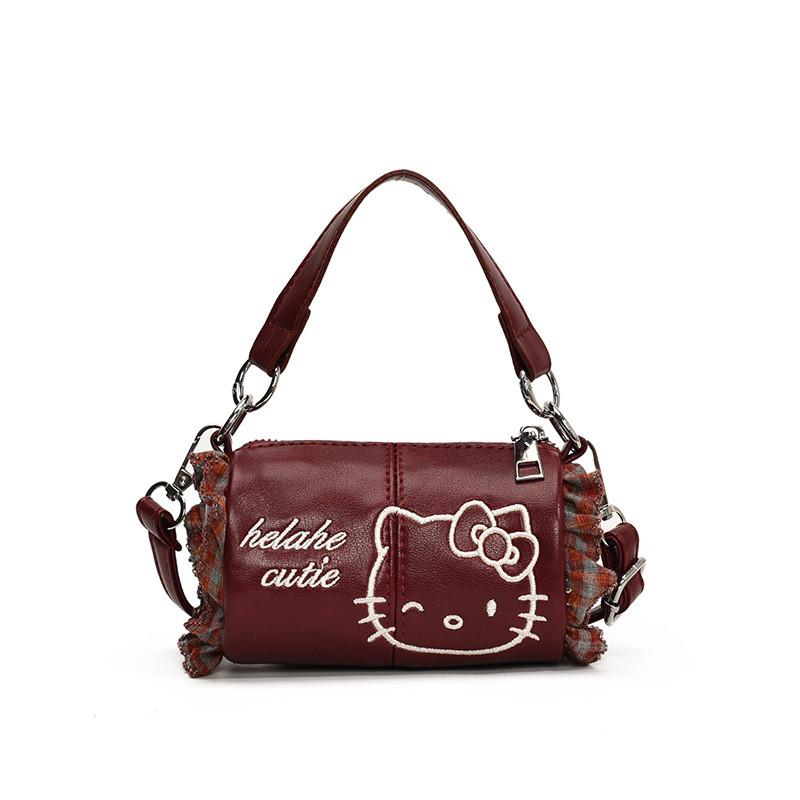 Borsa a Spalla Singola Cilindrica con Decorazione in Pizzo a Rete Ricamato Hello Kitty per Donna
