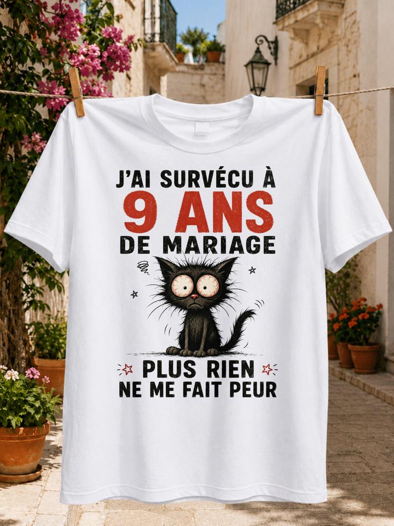 French 9 Years of Marriage QuoteNervous Cat Bold Red Text and Humorous Anniversary Theme Unisex All Unisex All TShirt