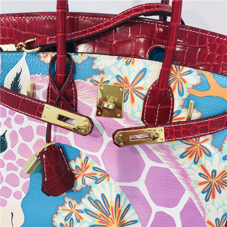2021 Neue Platin-Tasche bordeauxrotes Krokodilmuster mit bemaltem Giraffenmuster Rindsleder erste Schicht tragbar Schultertasche Umhängetasche