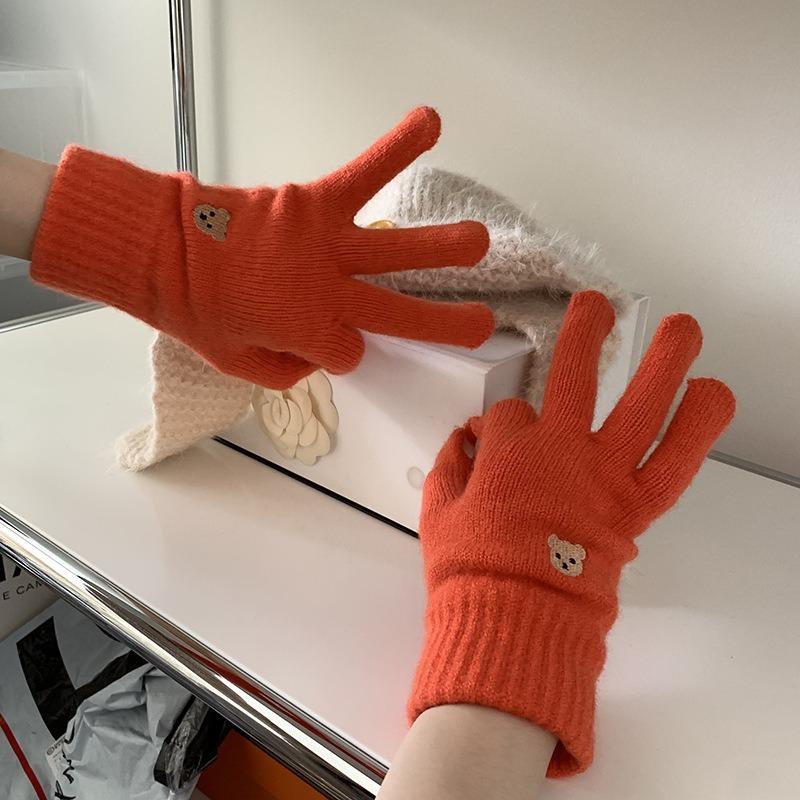Cartoon Thermal Gloves Women Winter Thickened Cute Couple Student Cold Knitted Wool Riding Five Fingers