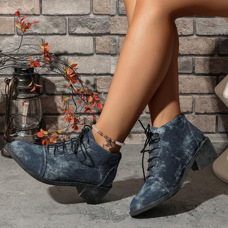 

Осенние новые ботильоны на шнуровке на среднем каблуке женские джинсовые ботинки Мартин с острым носком большого размера 40 темно-синий
