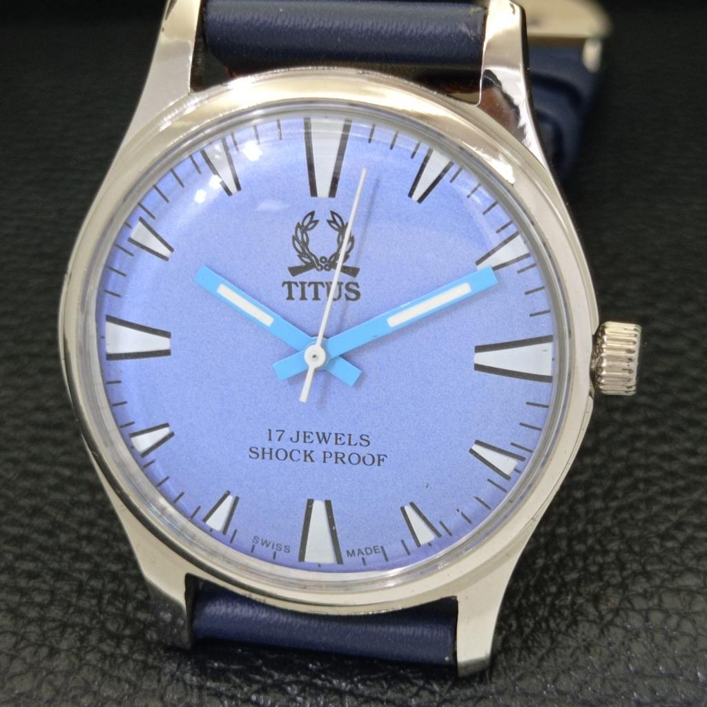 SWISS VINTAGE TITUS HAND-WINDING MENS REFURBISHED SKY BLUE DIAL WATCH A500065-2 R151a-a500065