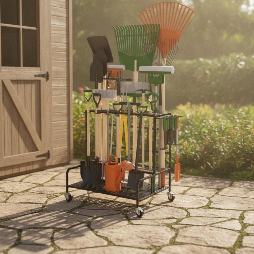 Garden Tool Organizer with Wheels Freestanding Holder Hangers Mobile