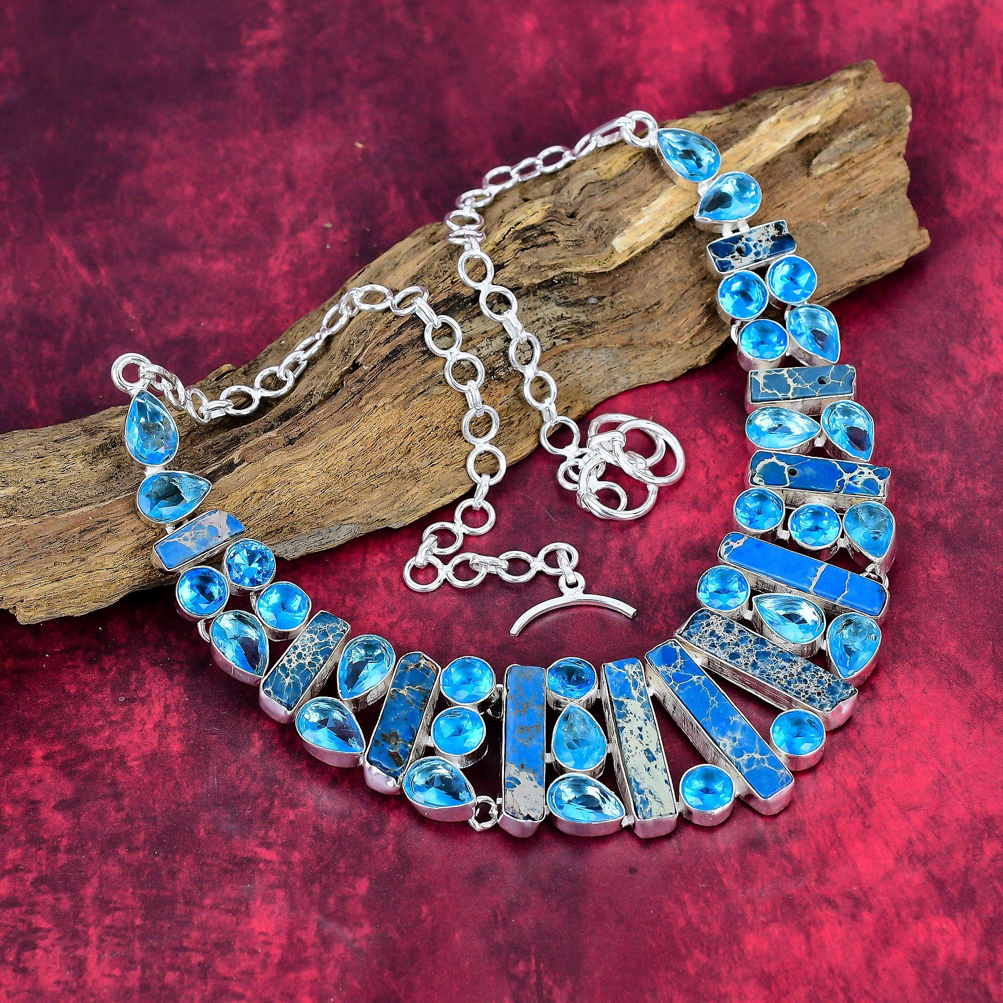 

Blue Sea Sediment & Blue Topaz 925 Solid Sterling Silver Necklace Adjustable, Chain Necklace Handmade Gemstone, Gift For Mom Antique Jewelry