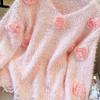 Women's Sweet Pink 3D Flower Sweater, Gentle Spring/Autumn Knit Base Layer