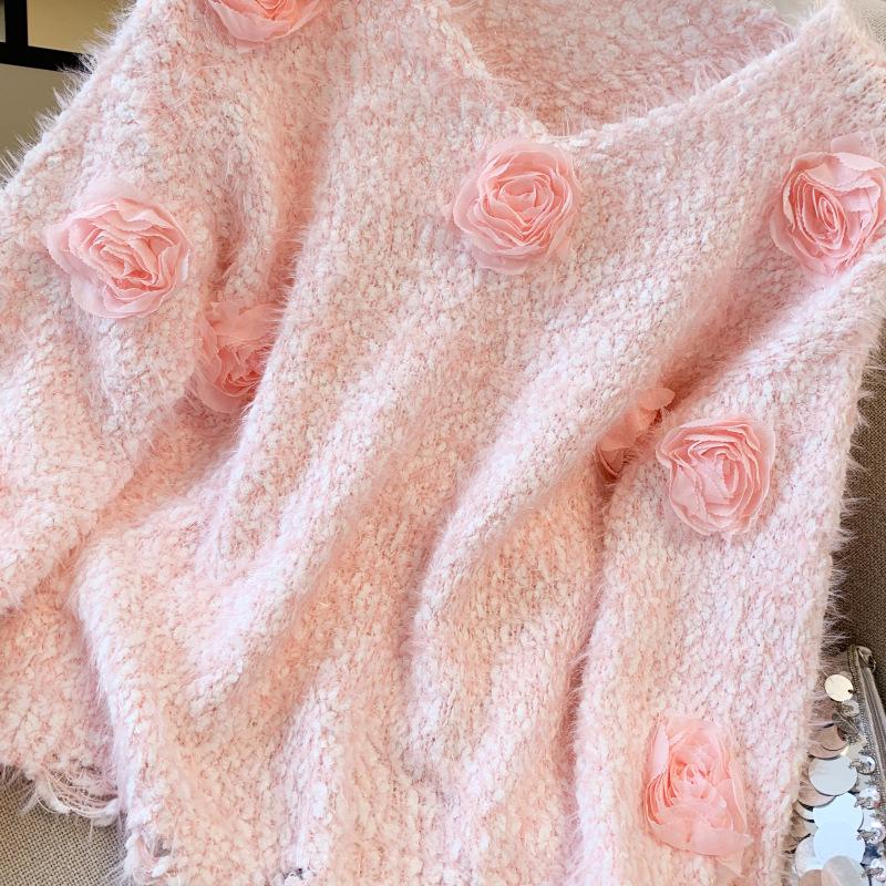 Women's Sweet Pink 3D Flower Sweater, Gentle Spring/Autumn Knit Base Layer