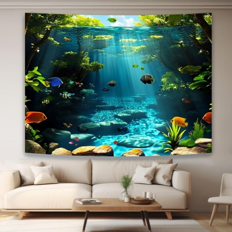 Underwater Ocean Tapestry, 3D Print with Tropical Fish, Sunlit Water & Vibrant Aquatic Plants, Blue Wall Hanging for Bedroom