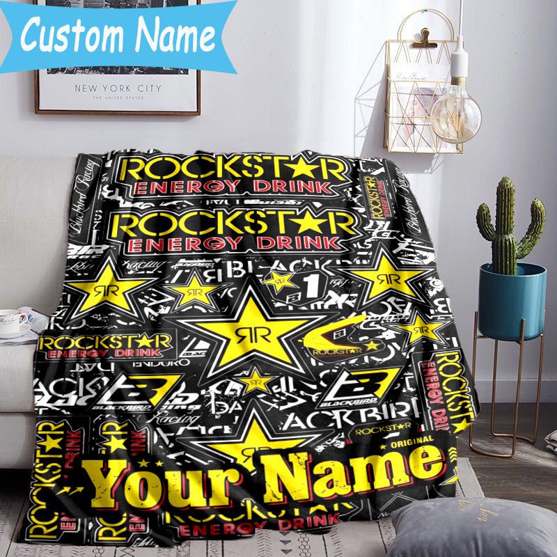 Custom Name rockstar energy Blanket Flannel Blanket for Camping, Hiking, Garden Parties, Picnic Essentials,gift for family and friend