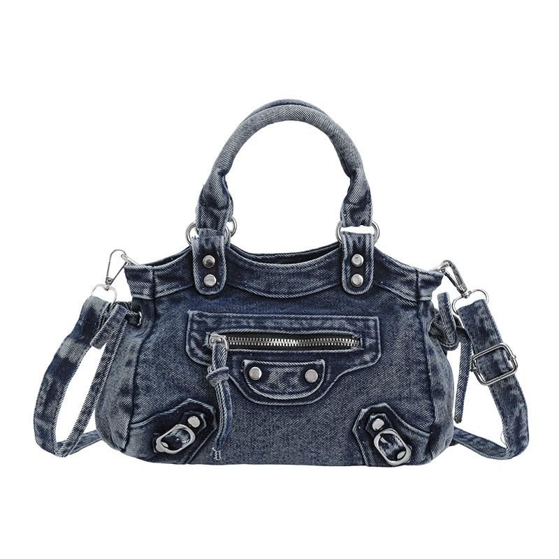 Retro Motorcycle Style Denim Handbag With Studs Chic Crossbody Shoulder Bag Women Streetwear Fashion Accessory