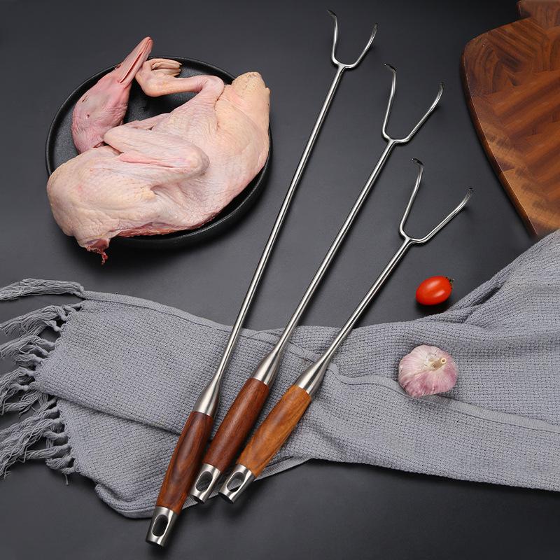 Fishing Meat Hook Stainless Steel Material Pear Wood Handle Hook Roast Bacon Roast Duck Marinated Meat Double Hook Meat Fork